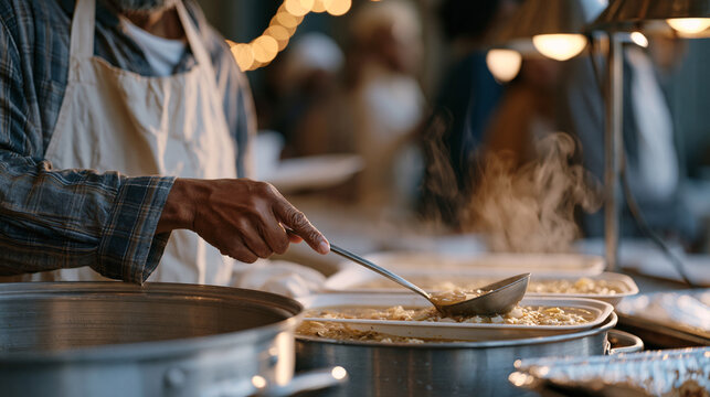 Thanksgiving volunteer at a community kitchen ladling soup into trays for a long line of guests, steam rising from industrial pots, seasonal gratitude service, food bank