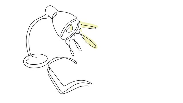 Animated self drawing of continuous line draw of desk lamp and books design. Book and table lamp Full length one line animation. 4K
