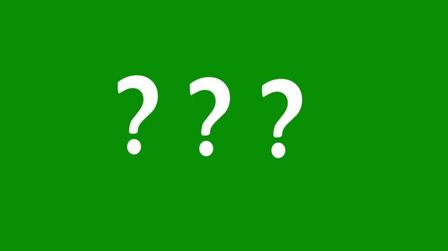 Animated white question marks moving across a green screen background