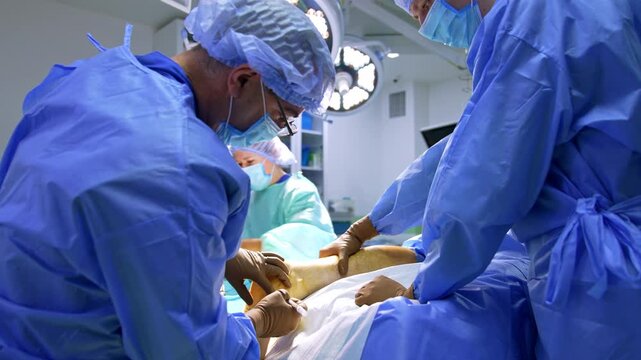 Surgeon makes an incision white the colleague holds the patient's leg. Modern operation in hospital.