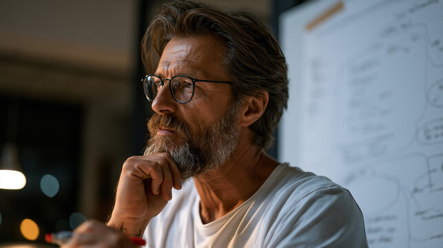 Database administrator reviewing a wall-sized printed schema diagram taped across an office partition, red marker in hand, the late-night silence of an empty operations center