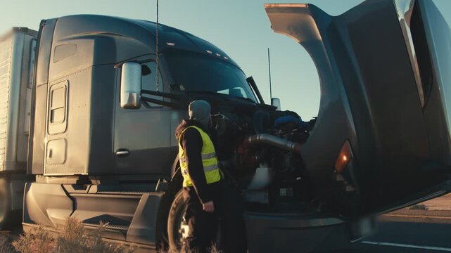 Truck driver calling for help with a broken down semi truck