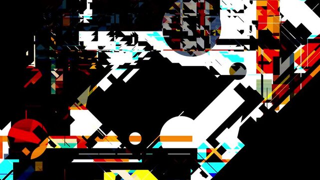ディストピアSF風の抽象幾何学グリッチフレーム。破砕されたピクセルと斜めのラインが交錯する黒背景の文字入れコピースペース。