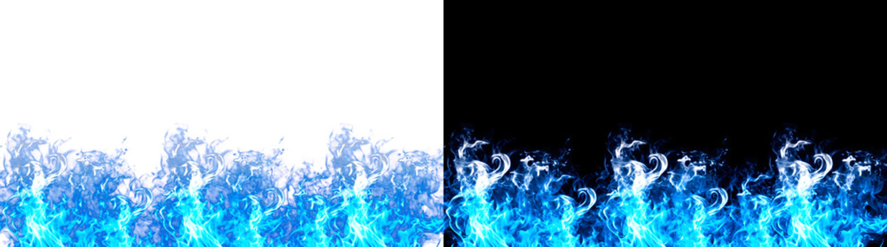 Blue realistic fire flame bottom border burns brightly with intense cold blazing heat texture along edge featuring PNG, Transparent and Black Background Versions for design