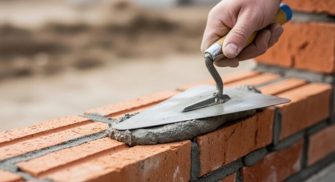 Skilled hand of a bricklayer applying mortar with a trowel to lay bricks for a new wall construction