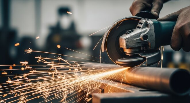 Skilled worker intensely grinding metal with an angle grinder, creating a shower of sparks in a workshop setting, highlighting precision and power in industrial fabrication.
