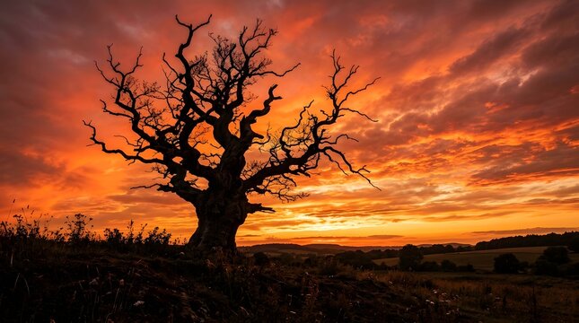 Ancient Oak Tree Silhouette Sunset Nature Landscape Photography Concept