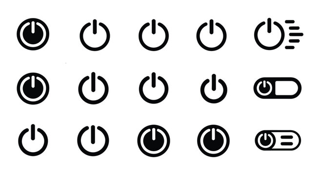 Power switch icon set, electric on off button symbols, minimalist control switches, power toggle icons, clean editable vector illustration