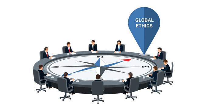 Corporate Business Team Meeting Around Compass Table with Global Ethics Location Pin for Moral Leadership and International Direction