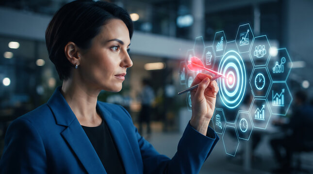 Professional Woman Using Advanced Digital Interface for Strategic Goal Planning and Business Data Analysis