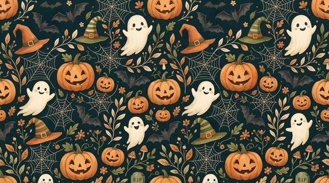 Spooky halloween seamless pattern ghosts pumpkins and witch hats for festive fall designs and decorations