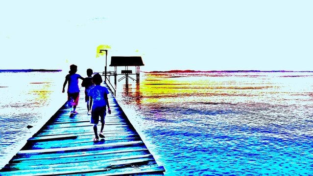  Three children went to see the sunrise happily over a wooden bridge Posterize