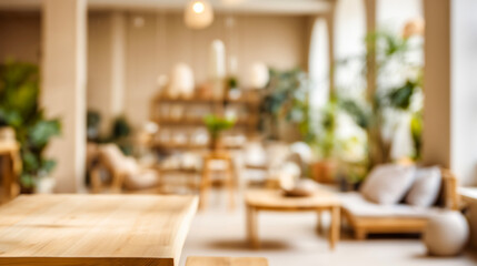 Naklejka premium 明るいカフェの店内と観葉植物で温かみのあるぼかし風景