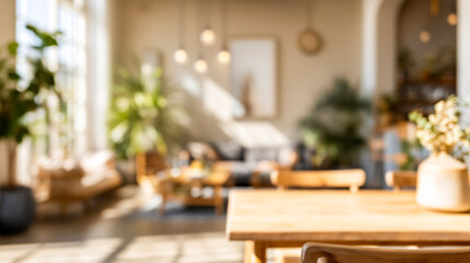 Naklejka premium 明るいカフェの店内と観葉植物で温かみのあるぼかし風景