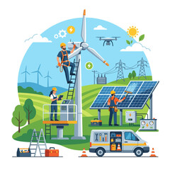 Fototapeta premium Renewable Energy Team: Wind Turbine & Solar Panel Maintenance & Installation