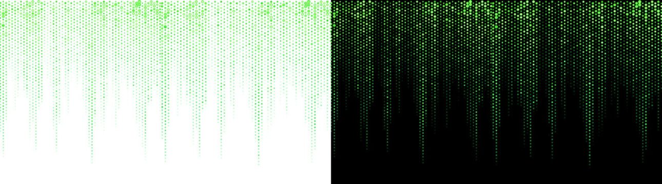 Digital Matrix Rain falls with glowing green dot code streams in PNG, Transparent and Black Background Versions for design