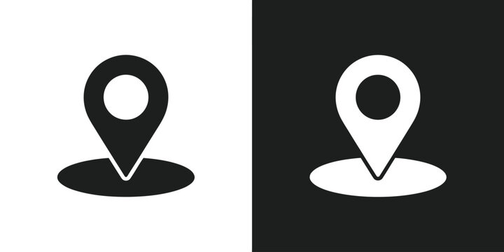 Location pin icon, black and white map pointer, oval shadow, minimalist navigation symbol, destination marker, travel location sign, editable vector illustration for UI and web design.
