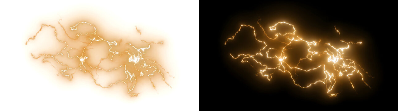 Electric lightning energy bolts crackling and branching across a black background for science and cinematic designs with PNG, Transparent and Black Background Versions