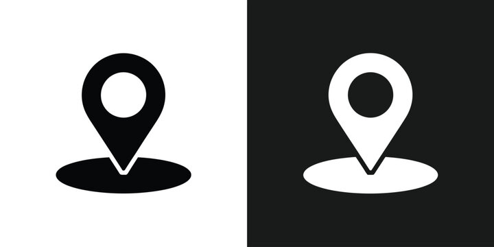 Location pin icon, black and white map pointer, oval shadow, minimalist navigation symbol, destination marker, travel location sign, editable vector illustration for UI and web design.