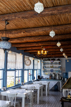 Cozy rustic cafe interior with wooden decor elements