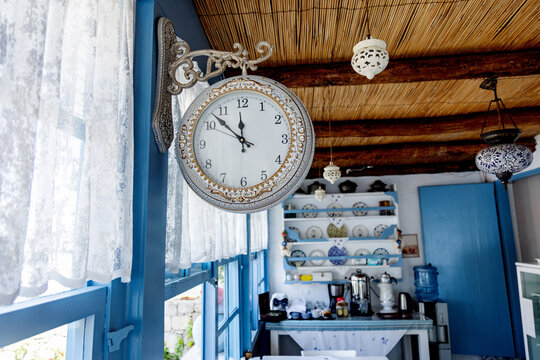Vintage cafe interior with blue accents and elegant decor