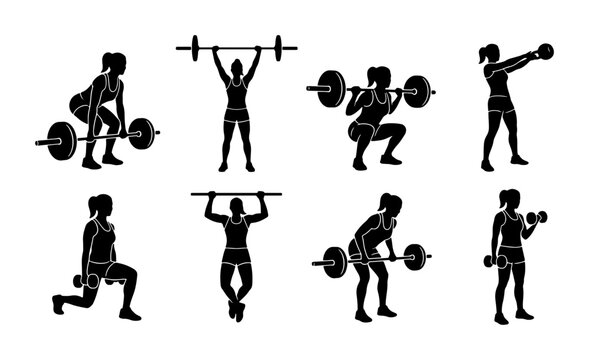 Female Weightlifting Silhouettes, Gym Workout Poses, Fitness Training Icons, Strength Exercise Vector Set