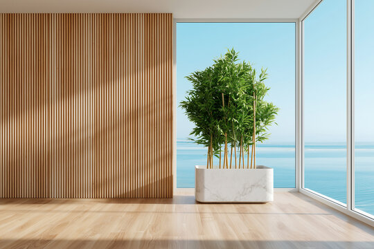 Modern minimalist interior with wooden slat wall, marble planter with bamboo plant, and ocean view