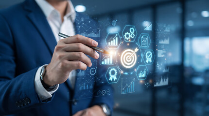 Obraz premium Businessman Using Digital Interface for Business Strategy and Goal Achievement Planning