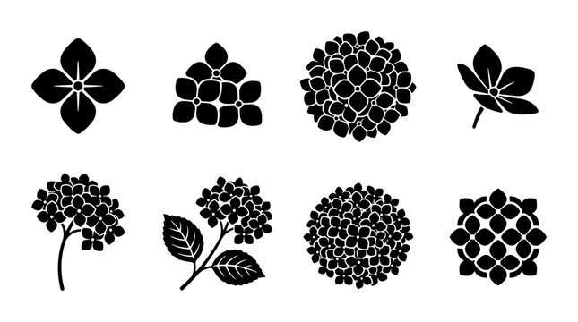 Hydrangea Flower Icons, Botanical Vector Graphics, Floral Decorative Elements, Japanese Mon Style