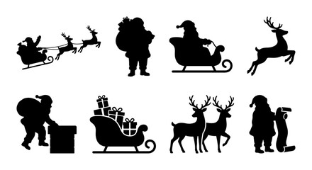 Fototapeta premium Christmas Santa Claus Silhouette Icons, Festive Reindeer Sleigh Gift Vector Set