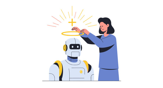 AI Ethics and Morality Concept: Woman Putting a Halo and Cross on an Artificial Intelligence Robot Illustration