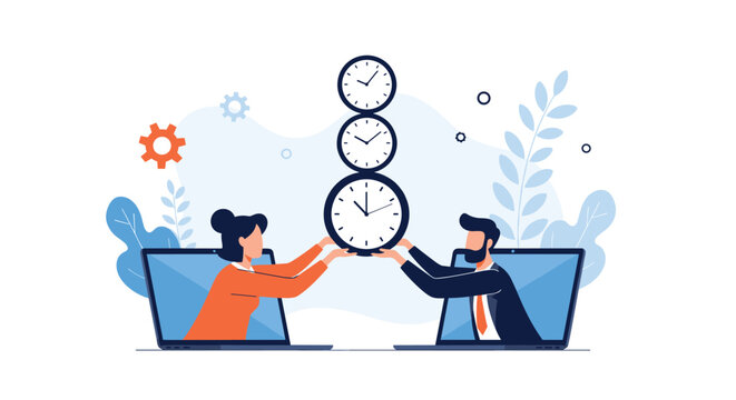 Remote working team collaborating online to manage time and deadlines shown as stack of clocks held between laptops.
