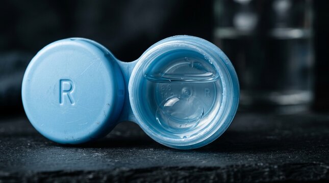 Blue contact lens container with solution on dark surface.
