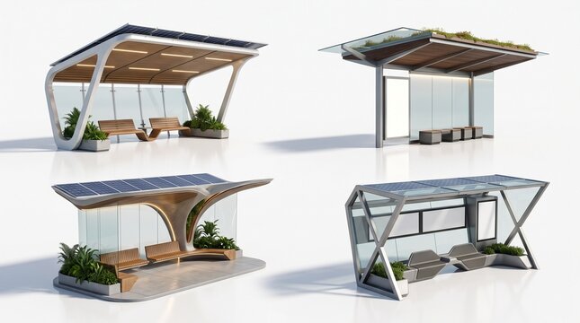 Collection of innovative sustainable bus shelter concepts featuring solar energy integration and contemporary green design for smart city infrastructure