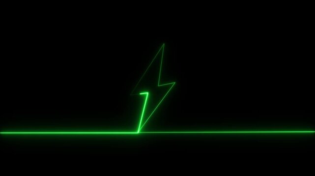 Bright green neon lightning bolt centered on a solid black background with a horizontal line extending from the base of the electric shape