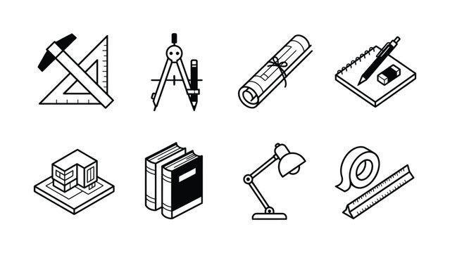 Set of eight black and white icons for drafting and architectural tools