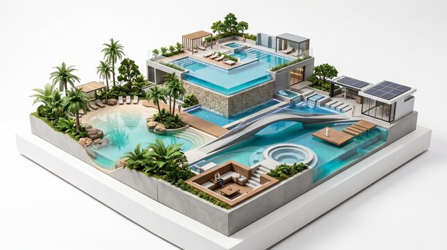 Exquisite Miniature Model of a Luxury Resort with Infinity Pools, Lush Landscaping, and Modern Architecture