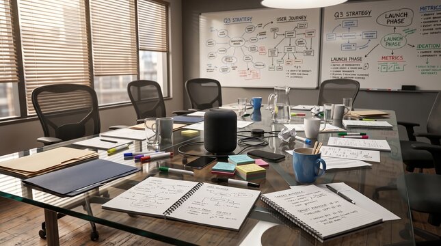 Messy modern office conference room with whiteboards and brainstorming notes.