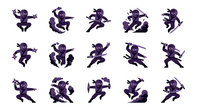 Industrial Style Flat Design Set of Ninjas in Dynamic Action Poses with Weapons and Smoke Effects