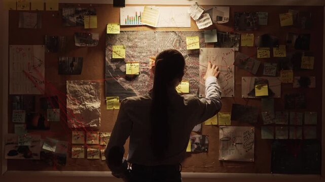 Private female detective investigator examining clues looking at map with pinned photos of criminals in dark agency office at night