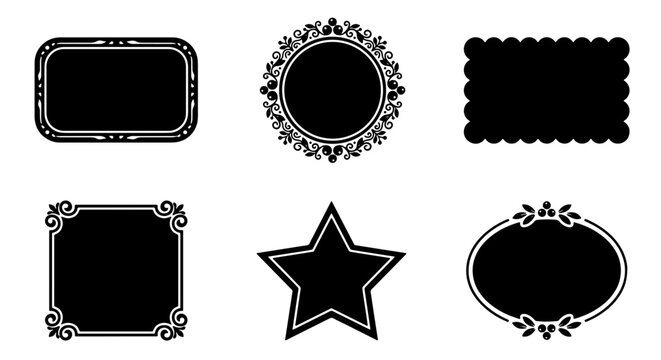70 Vintage black frame set, 6 decorative border silhouettes, ornate label collection for wedding invitations and elegant branding, vector graphic elements 100