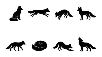 Obraz premium Fox Silhouettes Vector Set, Woodland Animal Poses, Wildlife Art, Nature Graphics, Black and White