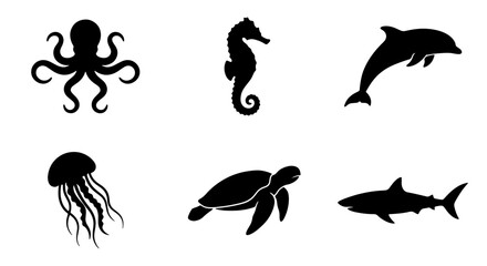 70 Marine animal silhouette set with 6 vector icons, black sea creature shapes including octopus and shark, aquatic wildlife collection for logos 100 © Mitu321