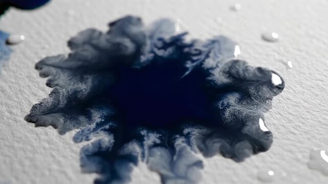Blue ink droplet diffusing on white paper