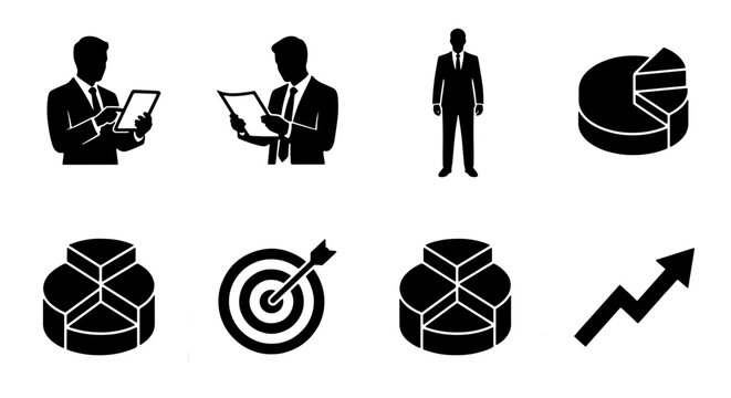70 Business analytics icon set, professional businessman silhouettes with financial data charts, 8 black vector elements for corporate reports 100