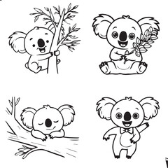 Obraz premium Four cute cartoon koalas in different poses with eucalyptus leaves baby animal eucalyptus leaf koala bear