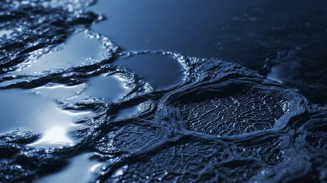 Blue liquid rippling across dark textured landscape