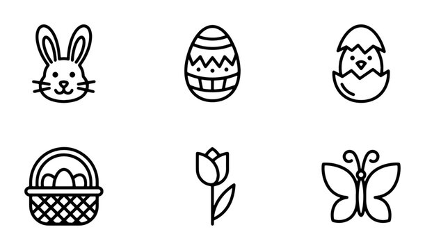 Easter Icons Set: Bunny, Egg, Chick, Basket, Tulip, Butterfly Vector Graphics for Holiday Design