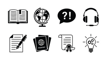 Set of eight educational and travel themed icons with transparent background © Fabuji