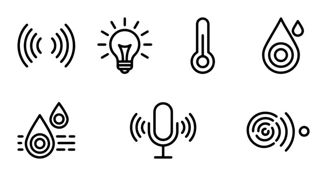 Smart Home Icons: Wireless Signal, Lightbulb, Thermometer, Water Drop, Microphone, Sensor Set